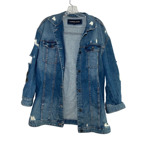 Express Jackets & Blazers - Express Jean Denim Jacket Women's Large Floral Distressed Embroidered Boho